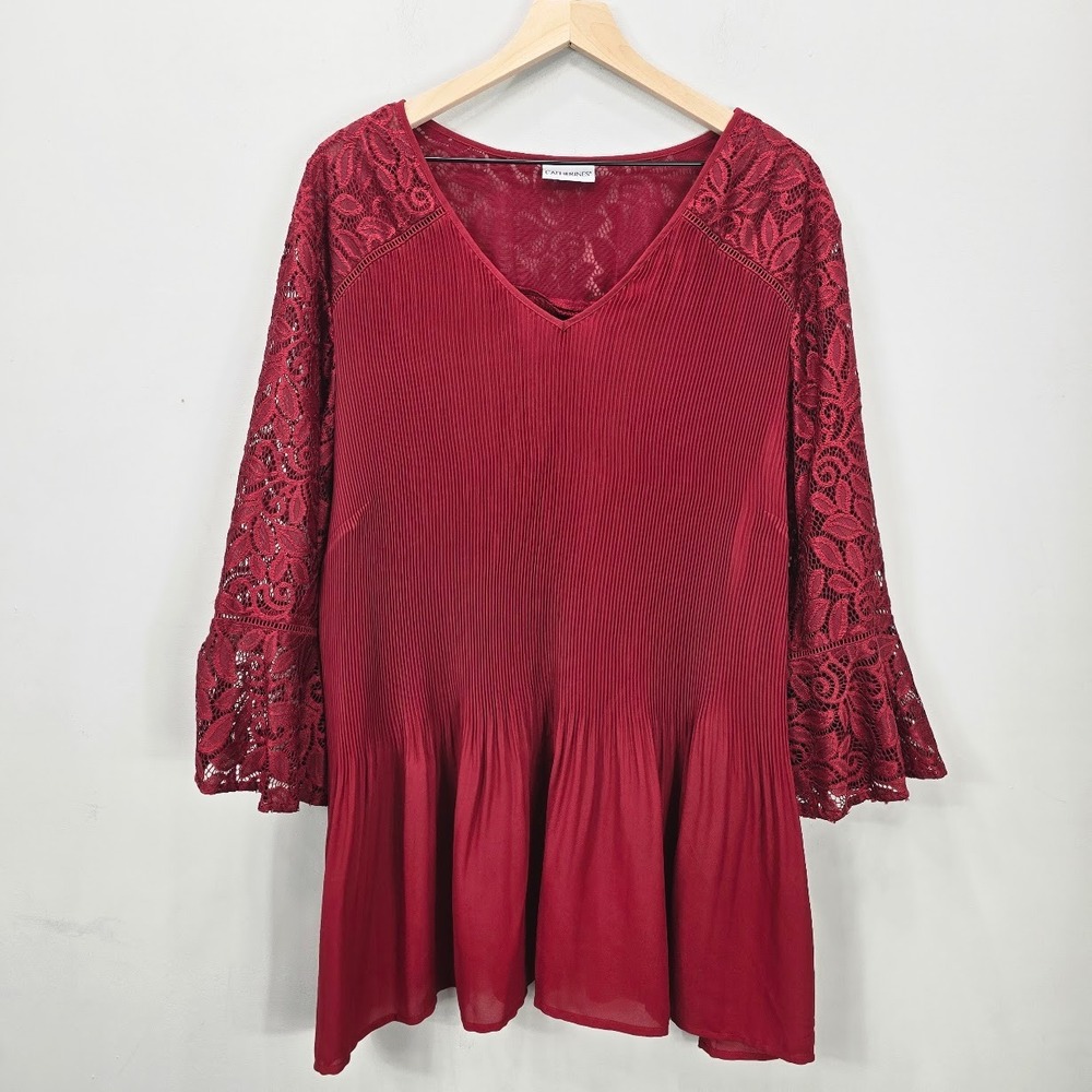 Catherines‎ Blouse Tunic Top 3X Red Lace Flare Bell Sleeve Pleated Peplum Mature